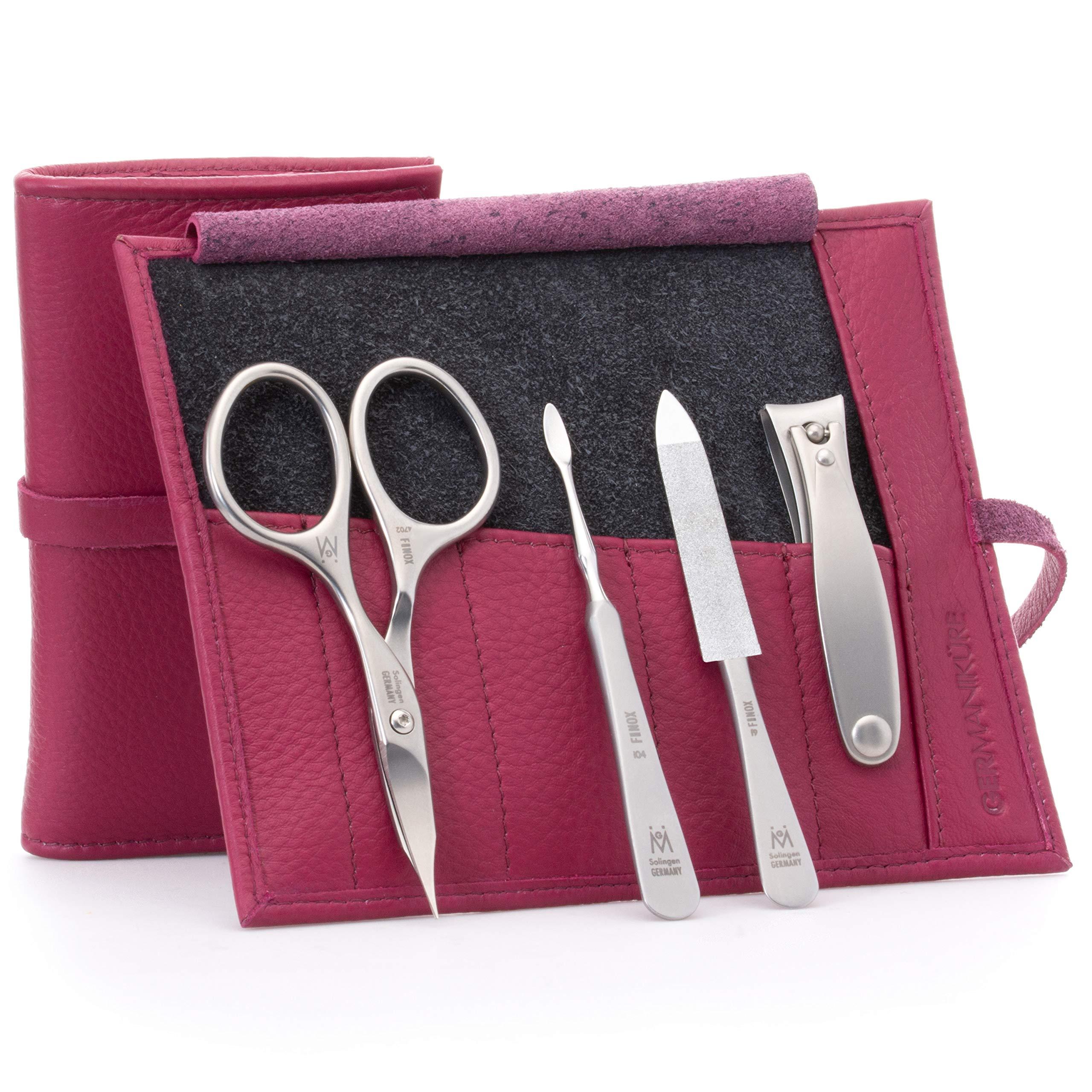 GERmanikure GERMANIKURE 4pc Manicure Set in Magenta Leather Case - Made in Solingen Germany, FINOX Stainless Steel Tools – Professional Quality Compact Nail Grooming Kit