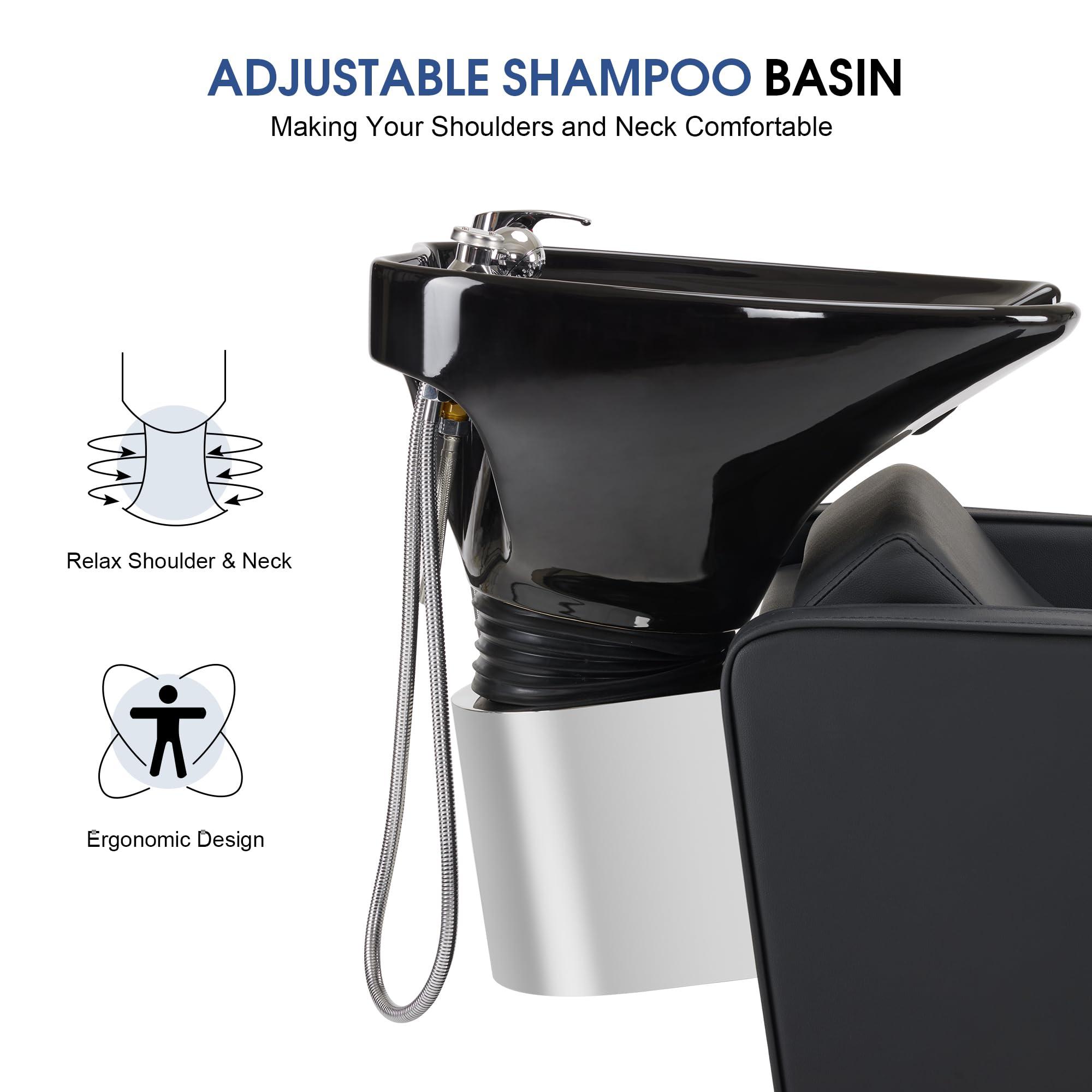 BarberPub BarberPub Backwash Shampoo Station Chair, Adjustable Porcelain Ceramic Hair Wash Bowl Sink Unit Station, Reclining Shampoo Station Chair for Spa Beauty Salon Hair Salon Equipment 9303 (Black)