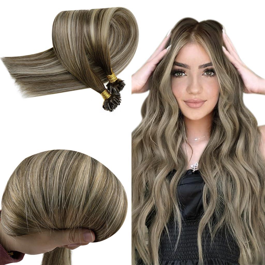 RUNATURE RUNATURE Bundles 12 Inch #3/8/22 Walnut Brown to Ash Brown with Light Blonde Tape in Hair Extensions Human Hair 30g 20pcs and U Tip Hair Extensions Human Hair 40g 50 Strands