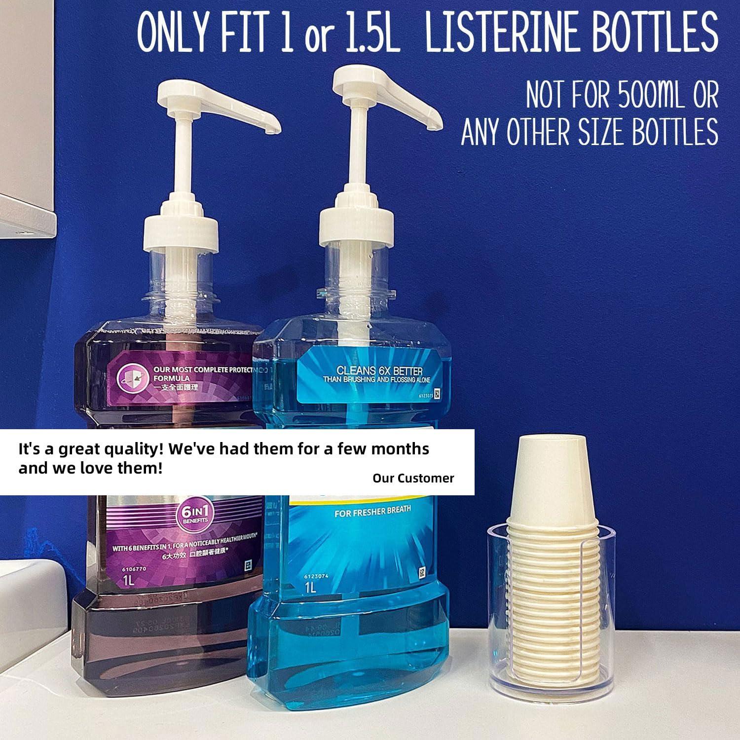 onsogi Dispenser Pumps for Listerine 1 or 1.5 Liter Mouthwash Bottles with Cup Holders, Resuable Cups and Clear Plastic Paper Cup Dispenser - Fits Total Care, Original, Zero Alcohol, Cool Mint, etc