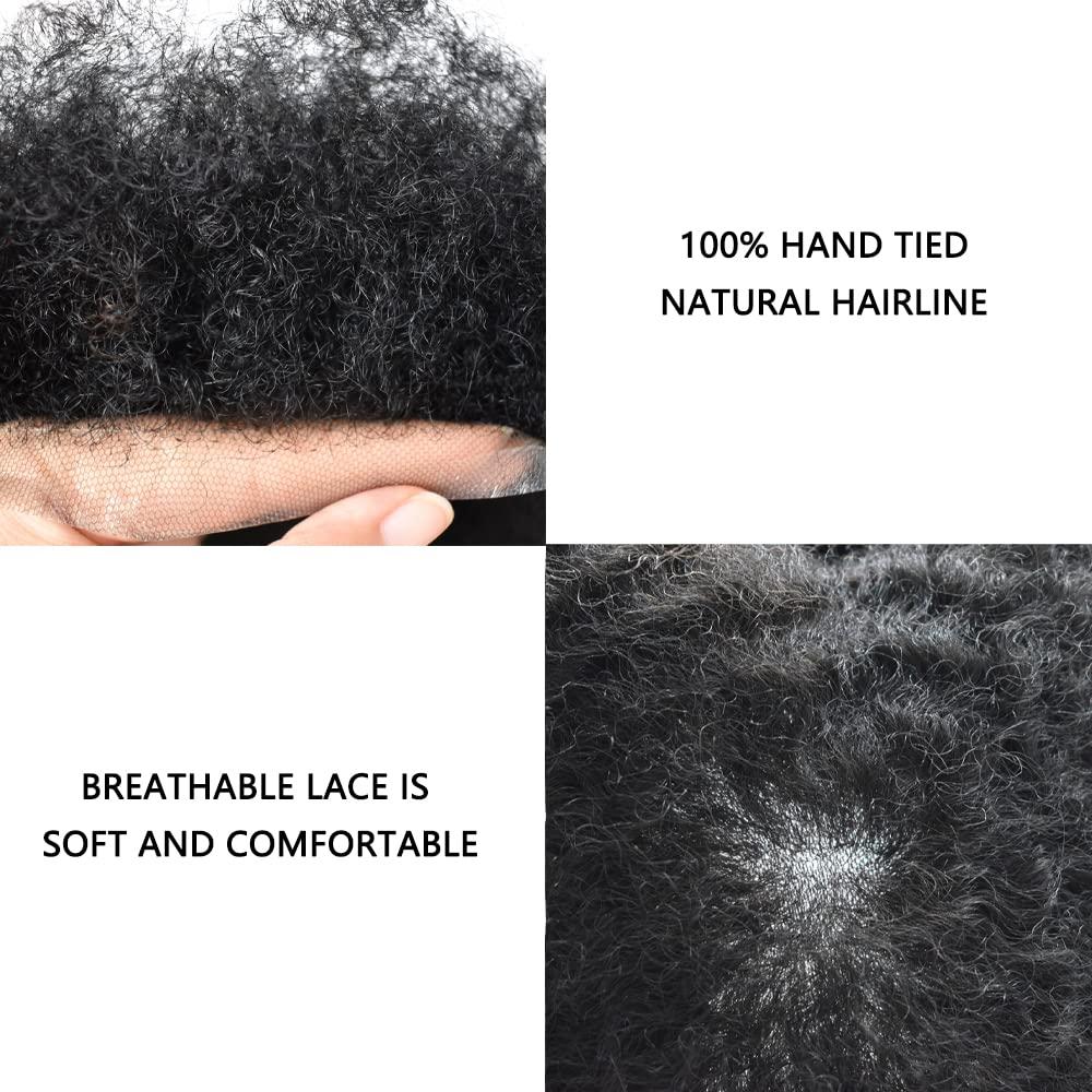 JUST HAIR French Lace Afro Hair Units for Black Men Hair Piece for African American Men Afro Wave Mens Toupee (8x10\'\'-120% Medium Light to Medium Density, 1# Jet Black-4mm afro tight curl)