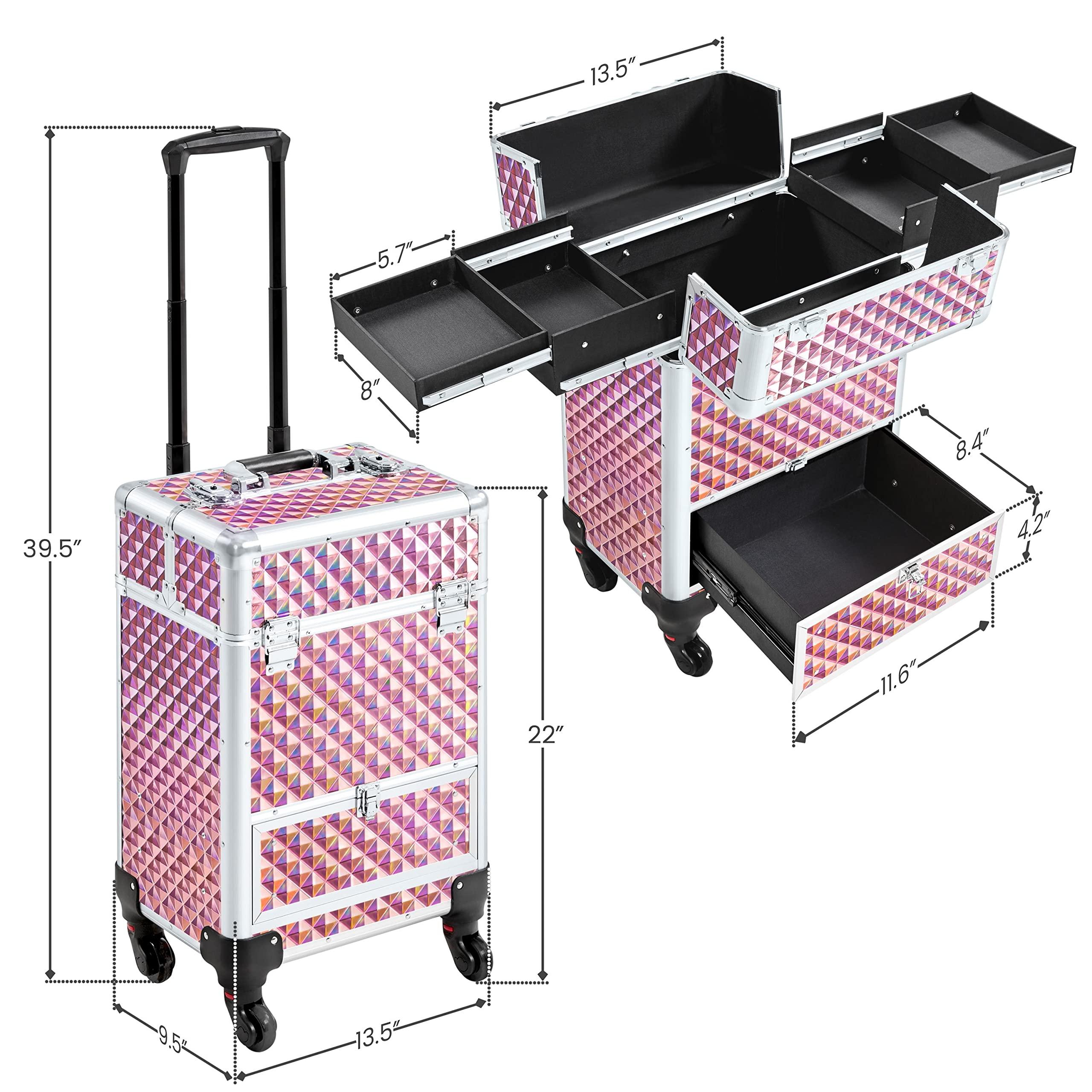 Yaheetech Yaheetech Rolling Makeup Train Case Aluminum Cosmetic Case with Wheels Barber Case Salon Lockable Travel Trolley with Sliding Drawers Removable Divider, Pink/Silver