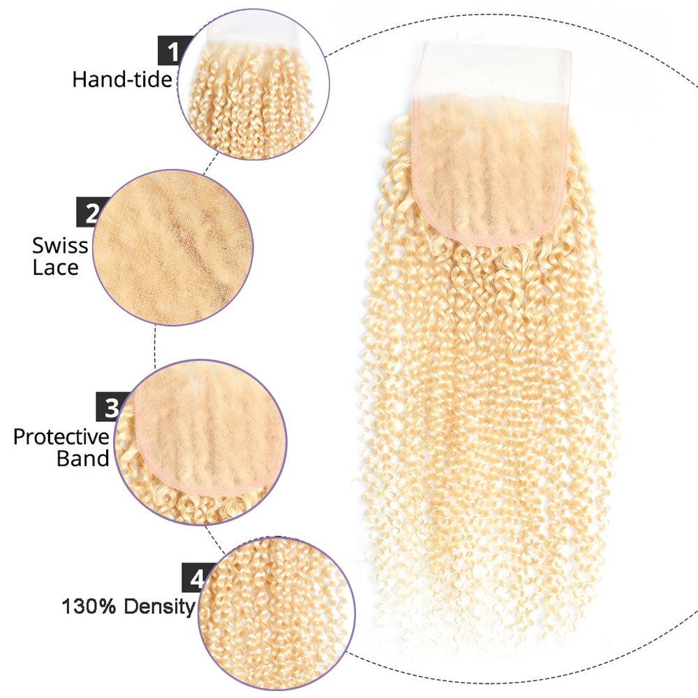 HC HC Hair Peruvian Kinky Curly 613 Blonde 3 Bundles with Lace Closure Honey Blonde Curly Blonde Human Hair Weave (20 20 20 with 18 inch)