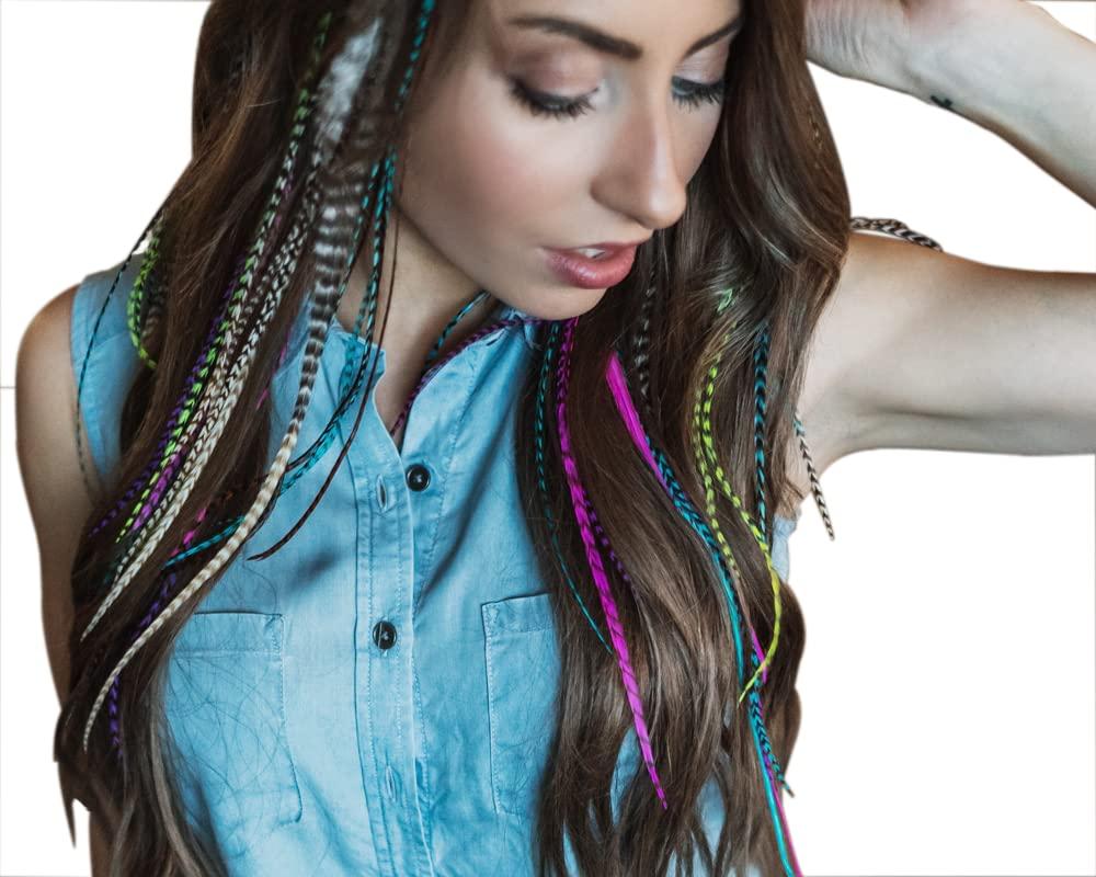 Feather Lily Hair Feathers and Tool Kit, Pink, Purple, Blue and Black & White Striped Feather Extensions with Beads, loop tool and pliers