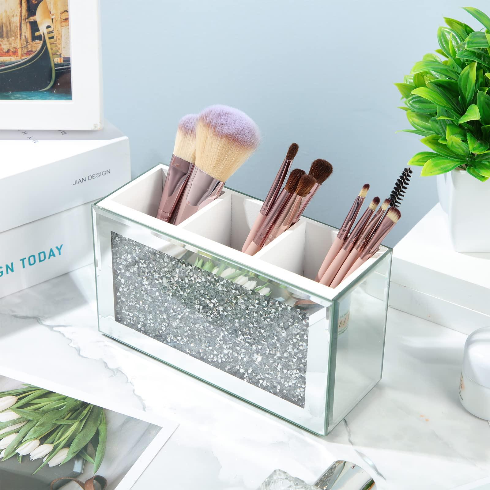 Tanlade Tanlade 2 Pcs Mirrored Makeup Brush Holder Remote Holder, Mirrored Makeup Organizer with Crushed Diamond Crystals, Vanity Cosmetics Organizer Solution, Pencil Holder Organizer for Desk (3 Compartment)