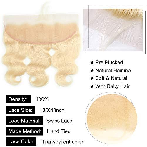 rcmei 613 Bundles with Frontal Peruvian Hair Blonde Body Wave Human Hair Bundles with Transparent Color Lace Frontal with Baby Hair Ear to Ear Honey Blonde Remy Hair Can Be Dyed (161618+14 inch, 613)