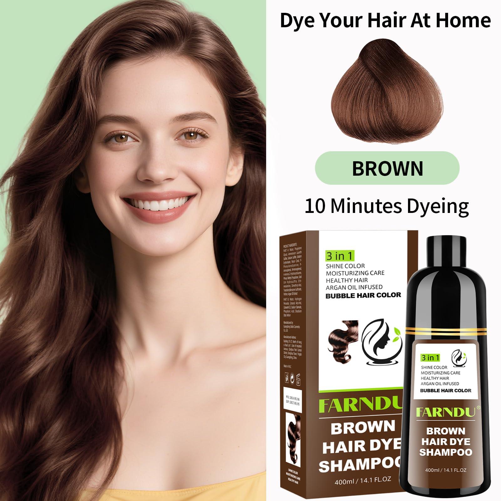 Farndu Brown Hair Dye Shampoo for Women Men, 100% Gray Hair Coverage, Natural Herbal Ingredients