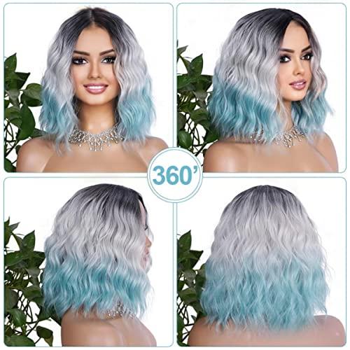 Civrie Civrie Ombre Blue Wig Short Bob Wigs for Women, Dark Roots Short Wavy Grey Wigs, Synthetic Heat Resistant Cosplay Wigs