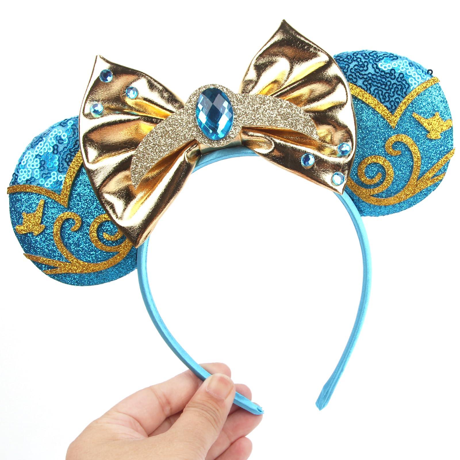 Huavista Huavista Mouse Ears for Women, Sequin Headband with Shiny Bow, Hair Accessories for Women Adult Princess Birthday Party (Gold/Blue)