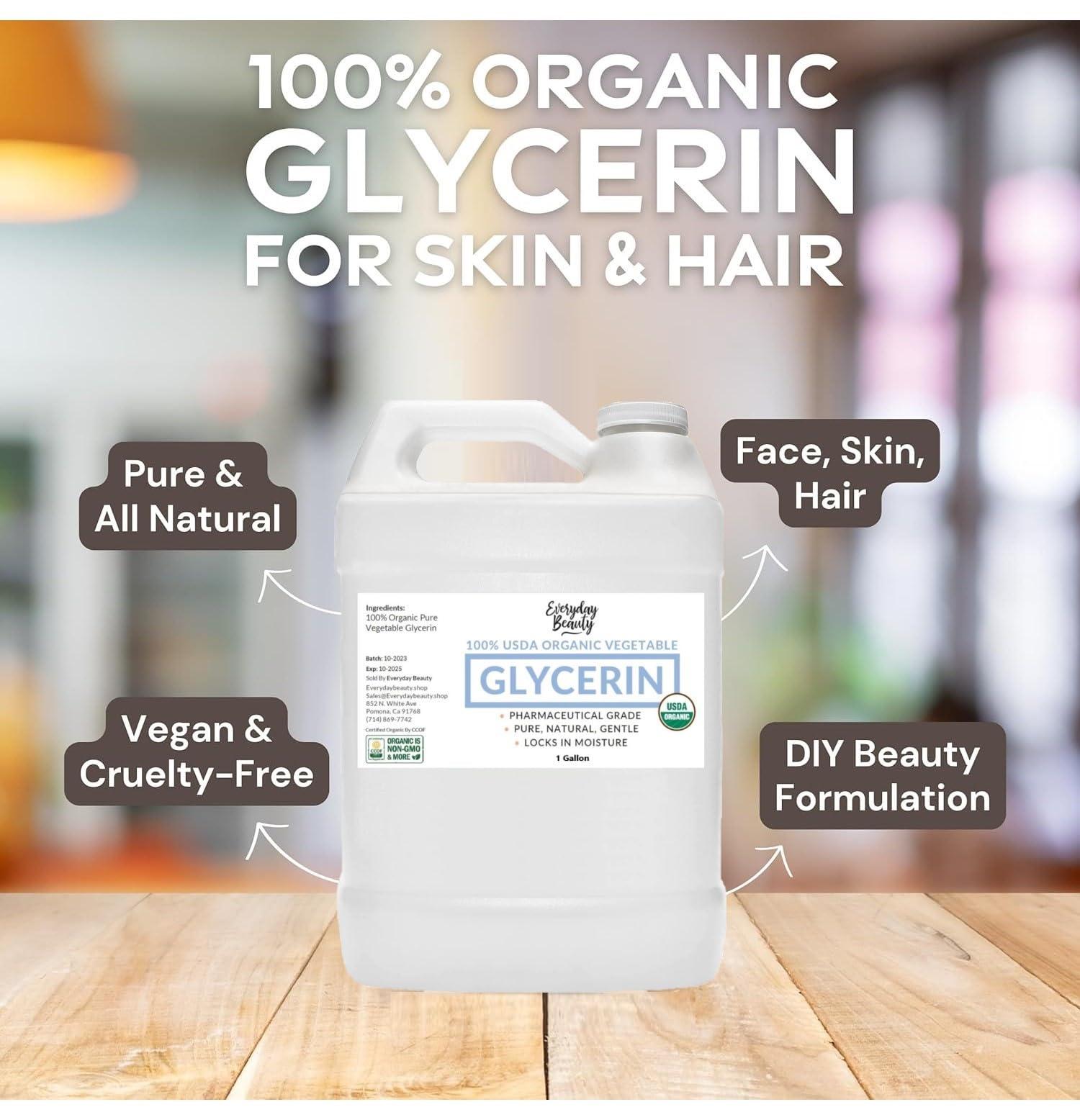 Everyday Beauty Helping You Feel Beautiful Inside 100% Organic Glycerin - Bulk 1 Gallon - For Skin & Hair - Food Grade - USDA Certified - Not From Palm Oil - Perfect Skin and Hair Moisturizer