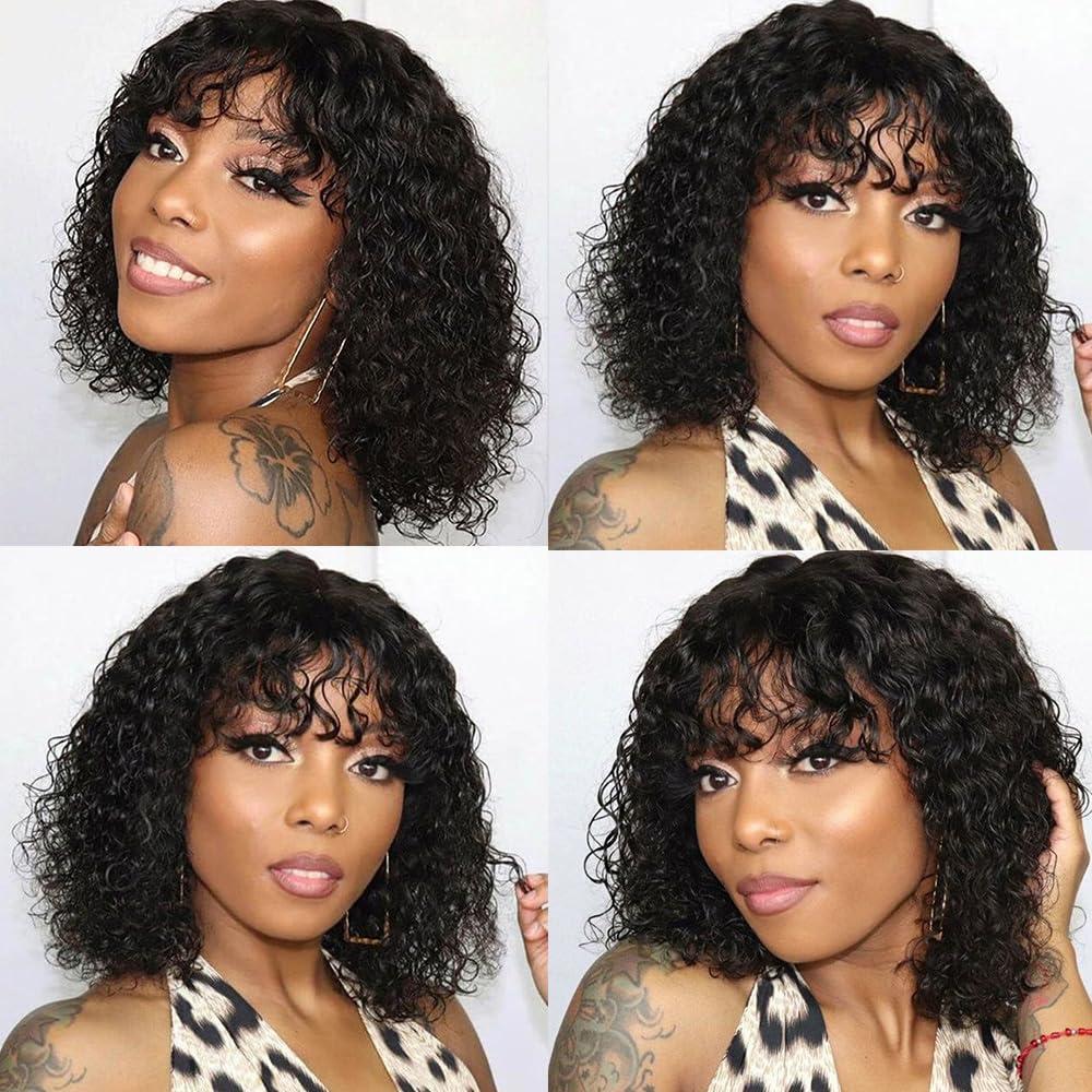 Afinska Afinska Kinky Curly Human Hair Wig Pixie Bob Cut Wig With Bangs Short Pixie Human Hair Wig Curly Pixie Cut Wig Human Hair Natural Black Brazilian Glueless Short Wig Bob Wigs Human Hair