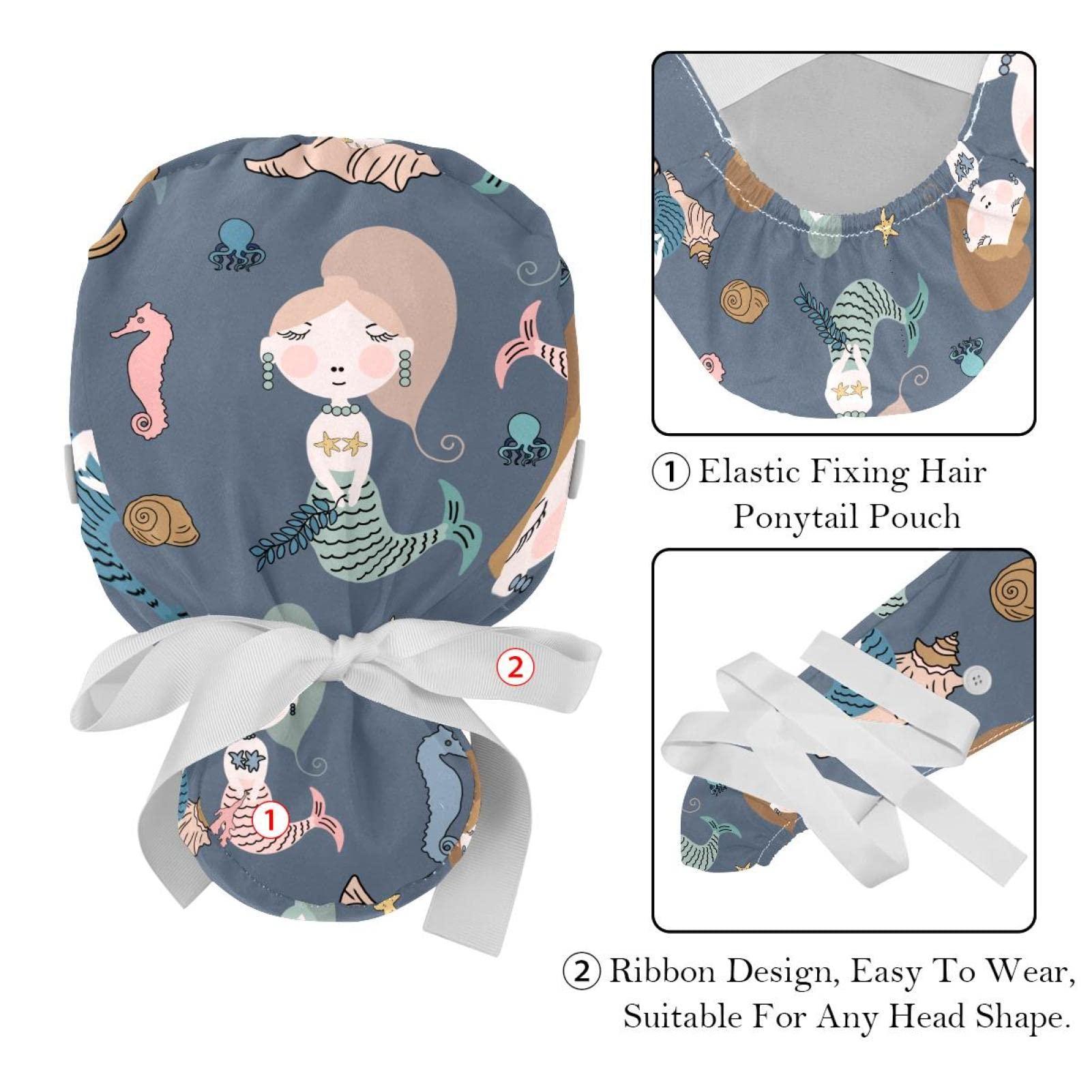 Lyetny Cartoon Sleeping Mermaid with Seashells, Jellyfish, Seaweed, and Sea Horse Scrub Caps Hats Women Bouffant Working Hat Ponytail Holder for Women Long Hair Covers 2PCS