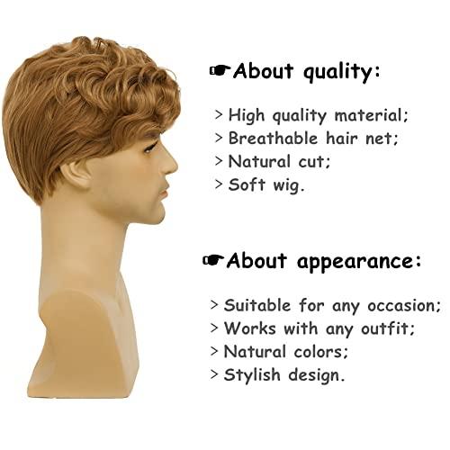 Tseses Tseses Curly Blonde Short Wigs for Men Fluffy Natural Layered Synthetic Blonde Wig Halloween Cosplay Hair Wig for Male Guy (Blonde)