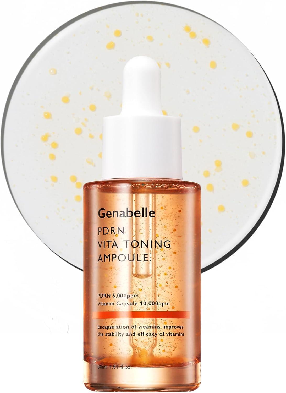 Genabelle PDRN Vita Toning Ampoule - Lightweight Glass Skin & Toning Ampoule with Vitamin B, C, E, PDRN, Serum for Blemishes, Fine Lines and Rough Skin Texture, 1.01 fl oz