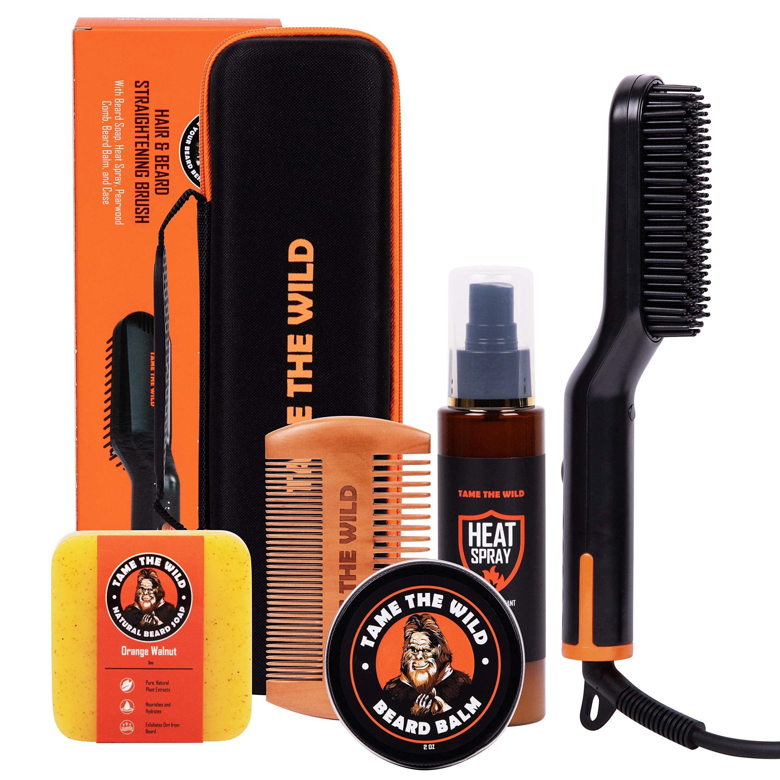 TAME THE WILD MAKE YOUR BEARD BEHAVE Tame the Wild Premium Beard Straightener Kit - Heated Beard Brush for Men - Beard Straightener Comb - Beard Grooming Kit: Beard Heat Protectant Spray, Beard Soap, Beard Balm, Wooden Comb, Storage Case
