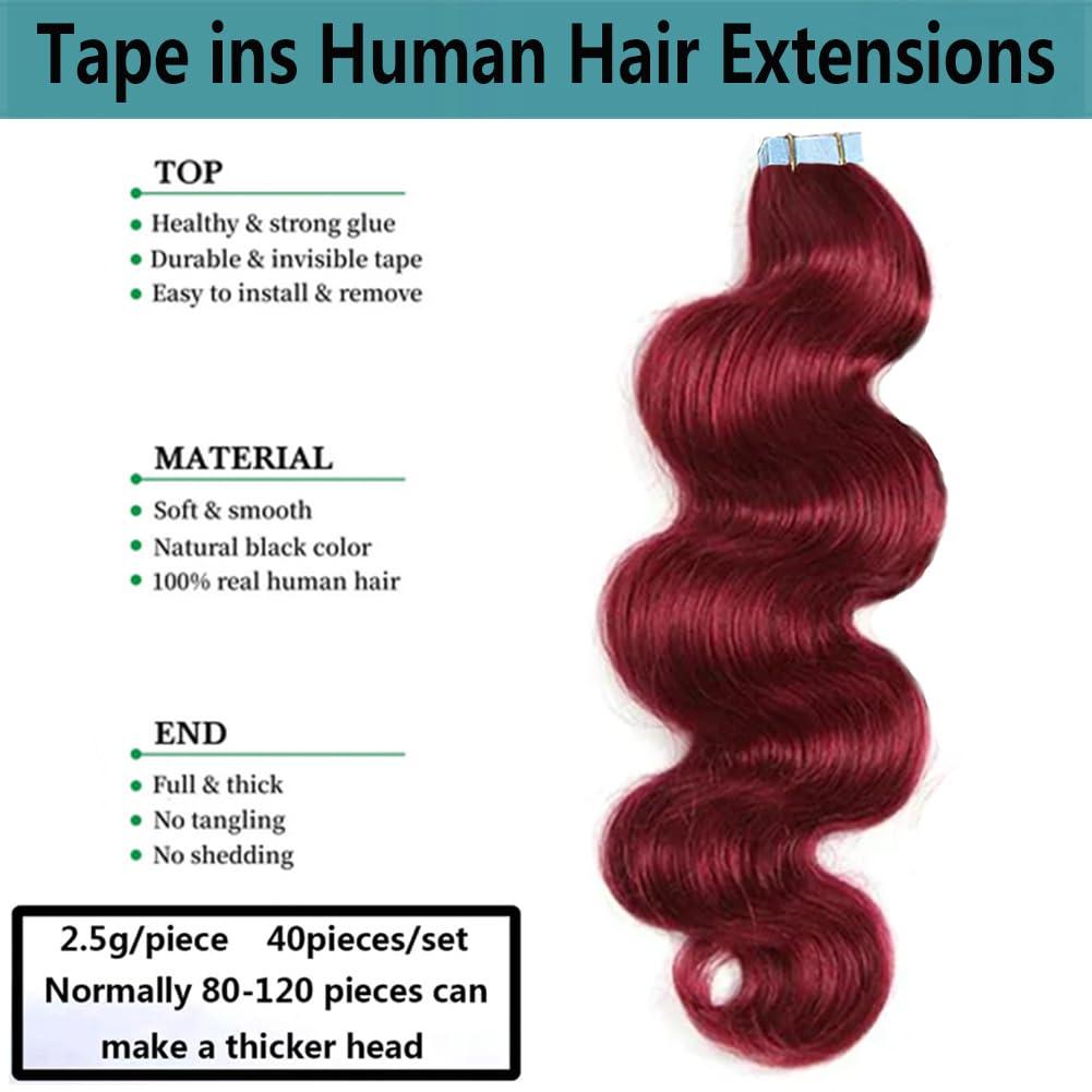 Kiss darling LASHES Tape in Hair Extenions 99j Burgundy 100% Remy Human Hair Tape in Body Wave 20inch 100g/40pcs Seamless Skin Weft Tape Hair Extensions Real Natural Hair Extensions