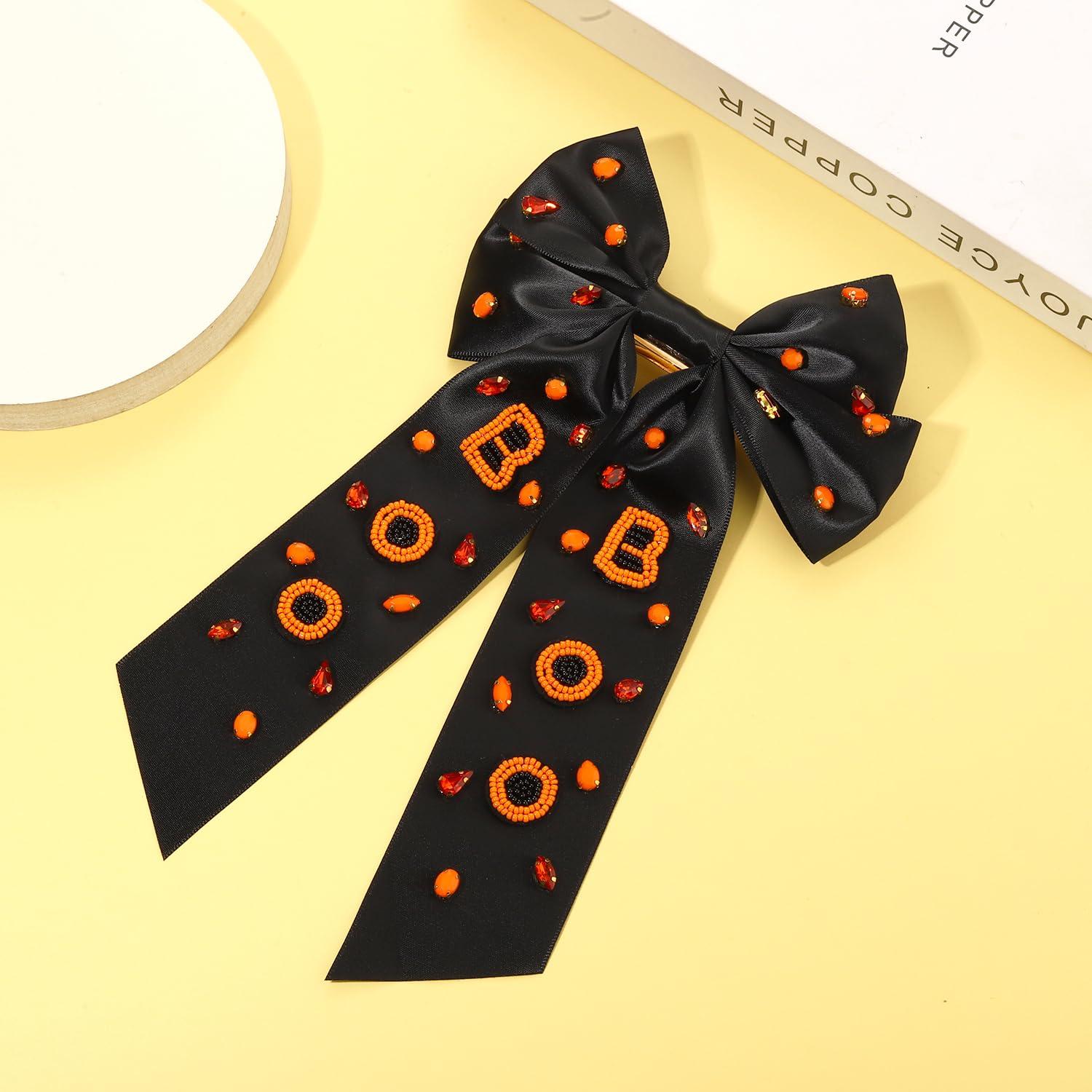 mokkia Halloween Hair Bows Clips for Women Halloween Accessories Outfits Big Spooky Pumpkin Boo Candy Corn Ghost Hair Bows Crystals Jeweled Orange Black Hair Ribbons Barrettes Costume Party Gifts (Pattern A)