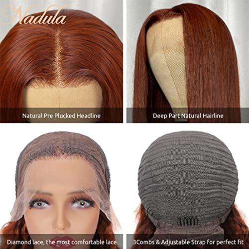 Nadula Nadula Reddish Brown 13x4 Lace Front Layered Butterfly Haircut Straight Wig Human Hair for Women,12A Malaysian Silky Straight Transparent Lace Frontal Human Hair Wigs Pre Plucked with Baby Hair 18inch