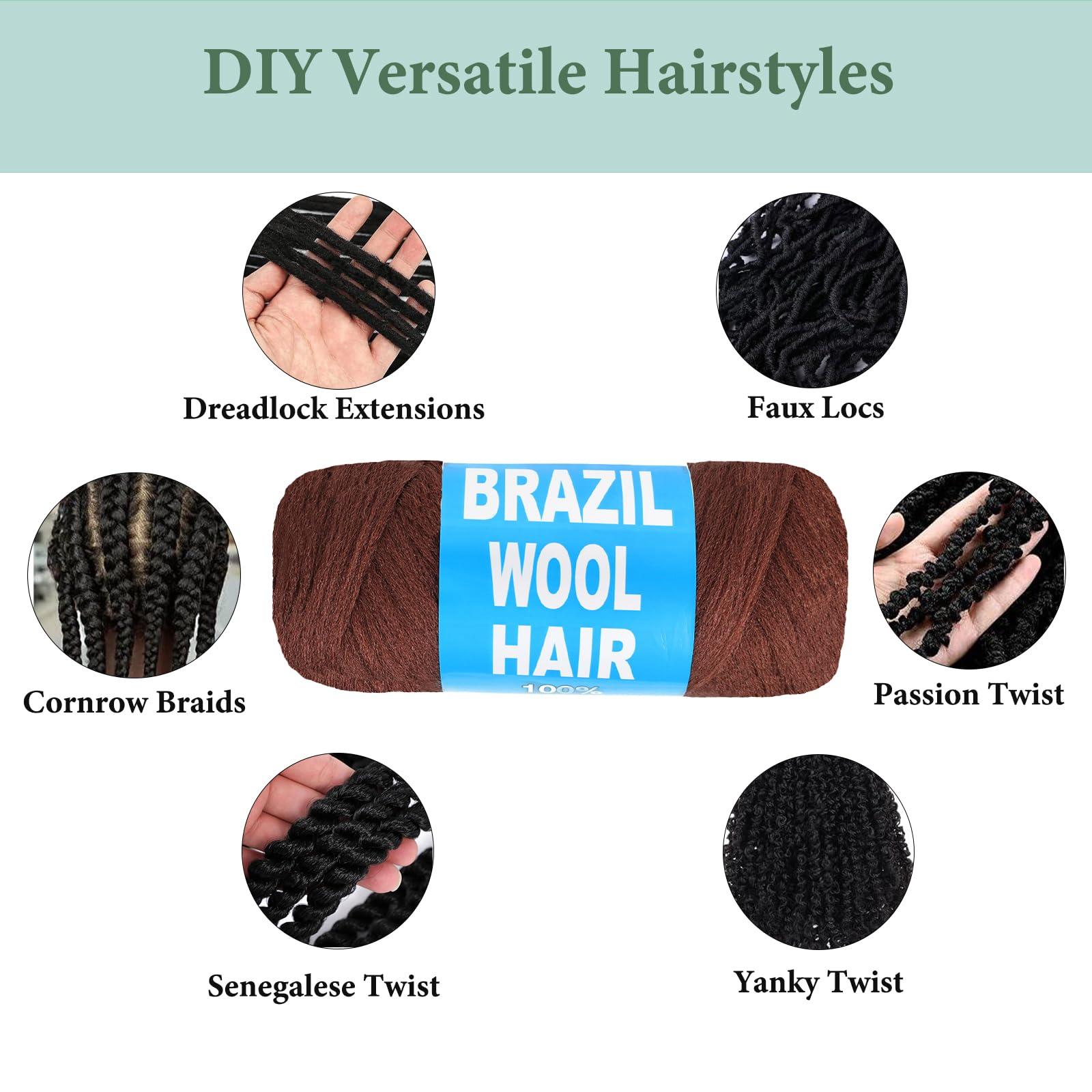 CUUKEA 3 Roll Natural Brazilian Wool Hair Yarn Hair for Jumbo Braids Braiding Hair for Soft Locs Faux Locs Goddess Locs Hair Extension Senegalese Twist Crochet Hair for Black Women(Brown)