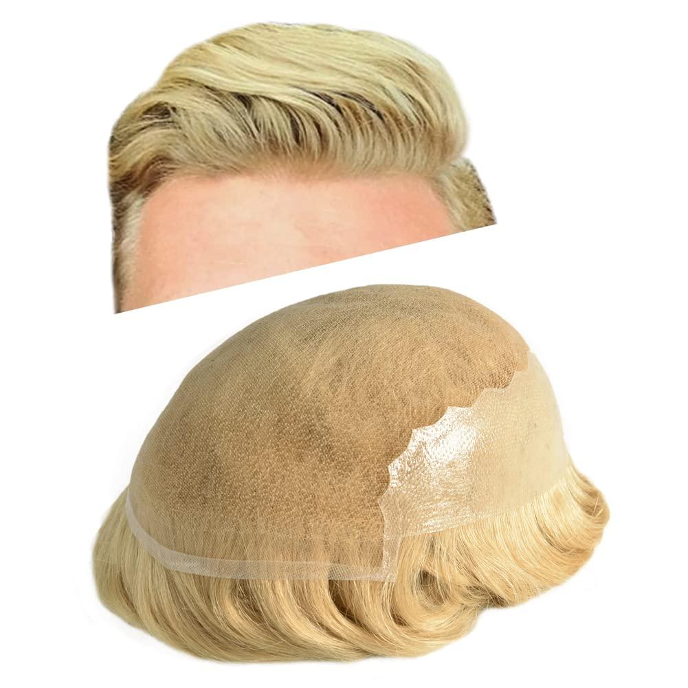 SINGA HAIR Mens Toupee Hairpieces Human Hair System for Men Hair Piece Replacement Natural Lace Front Mens Hair Unit Poly Thin Skin Toupee for Men Wigs 7''X9'' #22R 100% Light to Med-Light Density