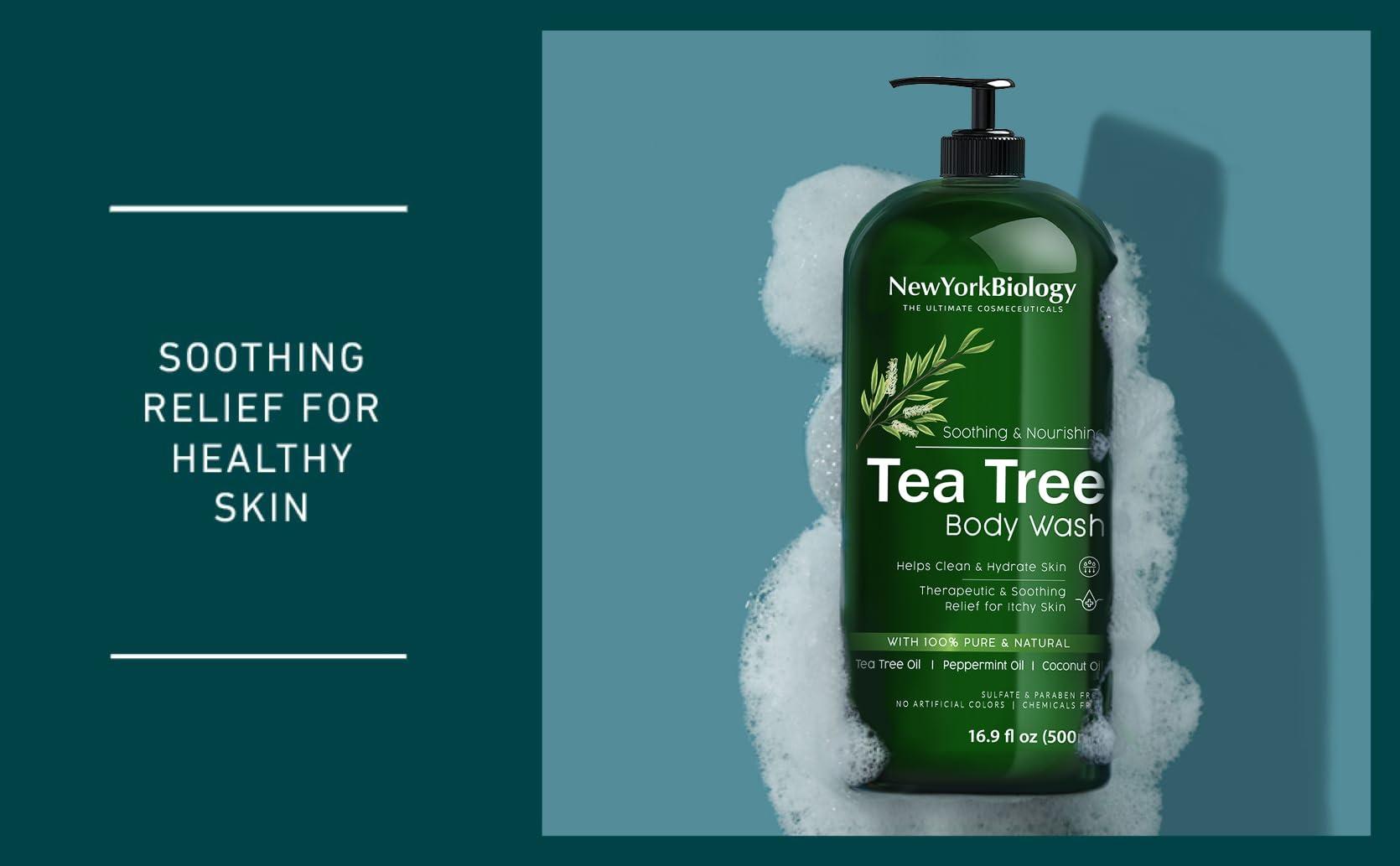 NEW YORK BIOLOGY THE ULTIMATE COSMECEUTICALS New York Biology Tea Tree Body Wash with Tea Tree Mint Body Wash for Men and Women - Helps Jock Itch & Itchy Skin, Nail Fungus, Athletes Foot, Eczema & Body Odor, Ringworms – 16 Fl Oz