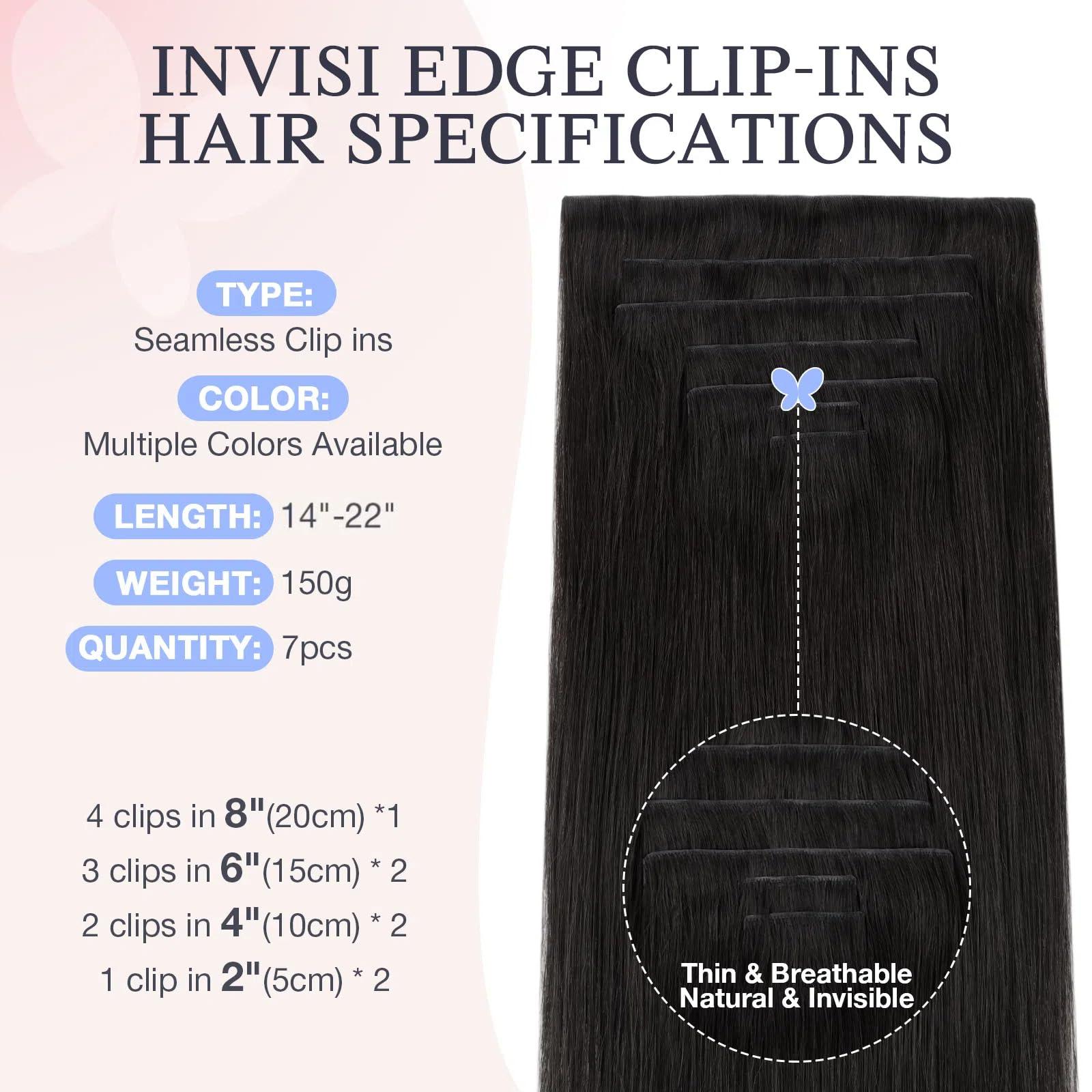 DOORES DOORES Clip in Hair Extensions Human Hair 20 inch 150g 7pcs, Natural Black Virgin Human Hair Clip in Extensions, Human Hair Extensions Invisi Edge Clip in, Natural Hair Extensions