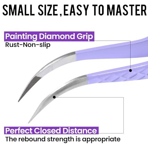 CL CAMILLASH Fiber Tip Lash Tweezers For Eyelash Extension Tweezers Professional Artist Tech Work Kit Tools,Best Volume Eyelash Lashes Extensions Purple Tweezers Precision Supplies(Curved)