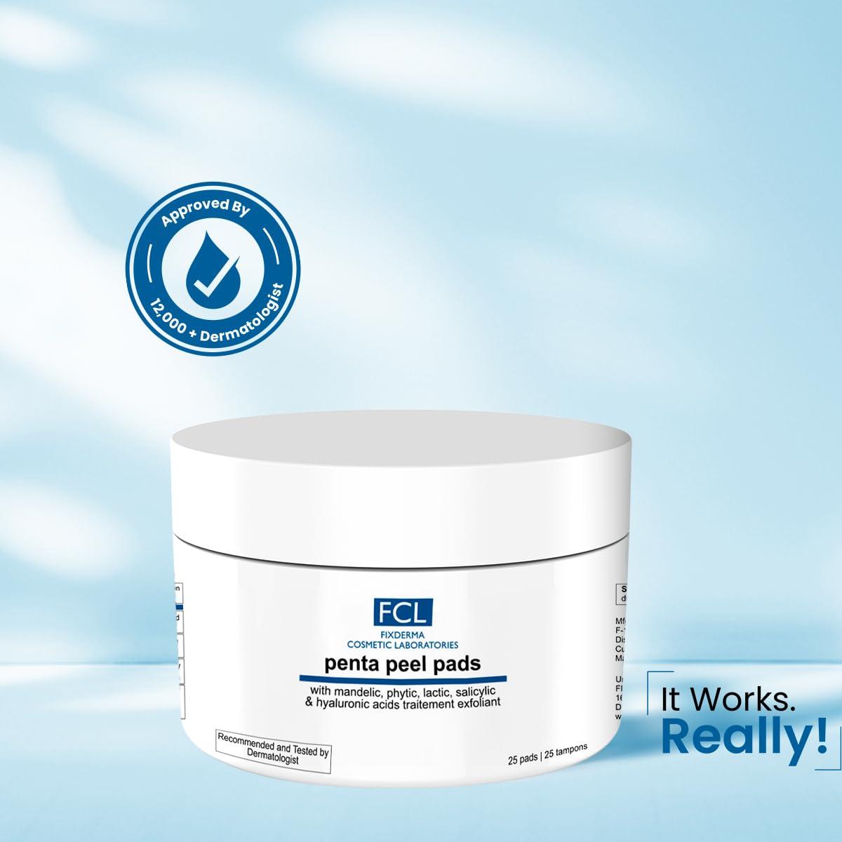 FIXDERMA COSMETIC LABORATORIES FCL Penta peel pads| Exfoliant | Removes dead cells | Reduces fine lines & wrinkles | Gentle & safe peeling pads| Improves skin texture | Shrinks open pores | Paraben Free | 25 pads