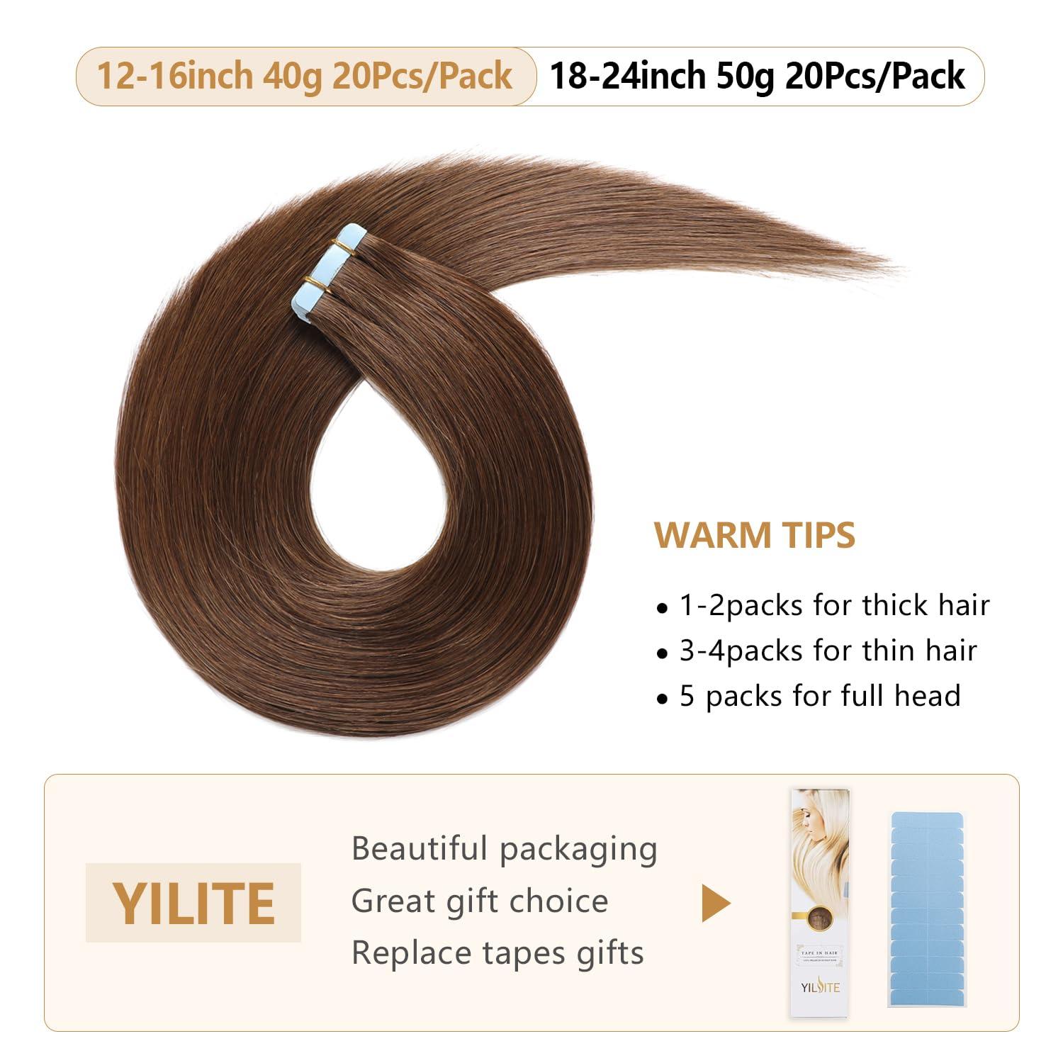 YILITE YILITE Tape in Human Hair Extensions 24 inches 20pcs 50g Straight Tape in Hair Extensions Human Hair Seamless Skin Weft #4 Medium Brown Tape in Human Hair Extensions24inches #4 Medium Brown