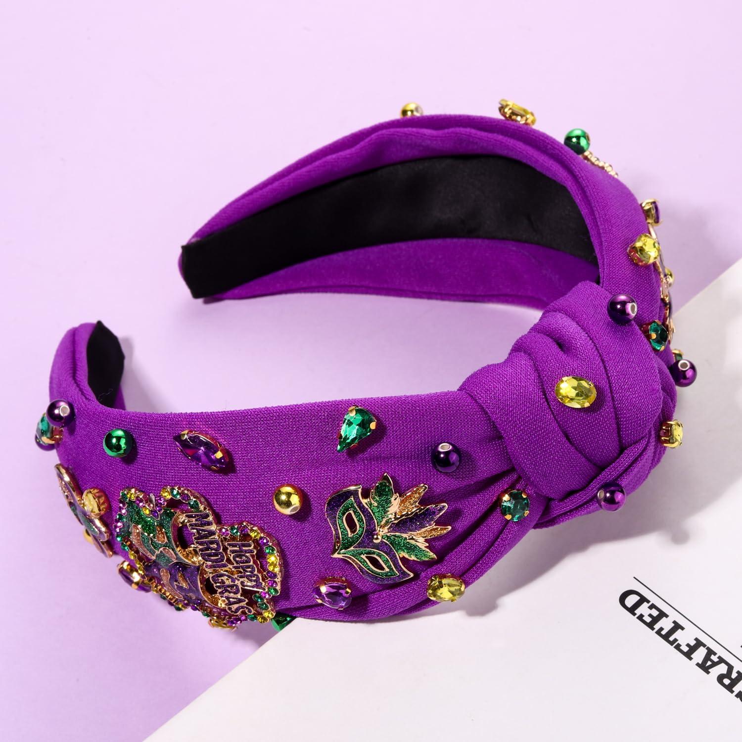 CEALXHENY CEALXHENY Mardi Gras Headband for Women Fleur De Lis Crown Mask Headband Purple Jeweled Rhinestone Pearl Top Knot Headband Carnival Mardi Gras Accessories Parade Party Favors Gifts (Mixed 2 - Purple)