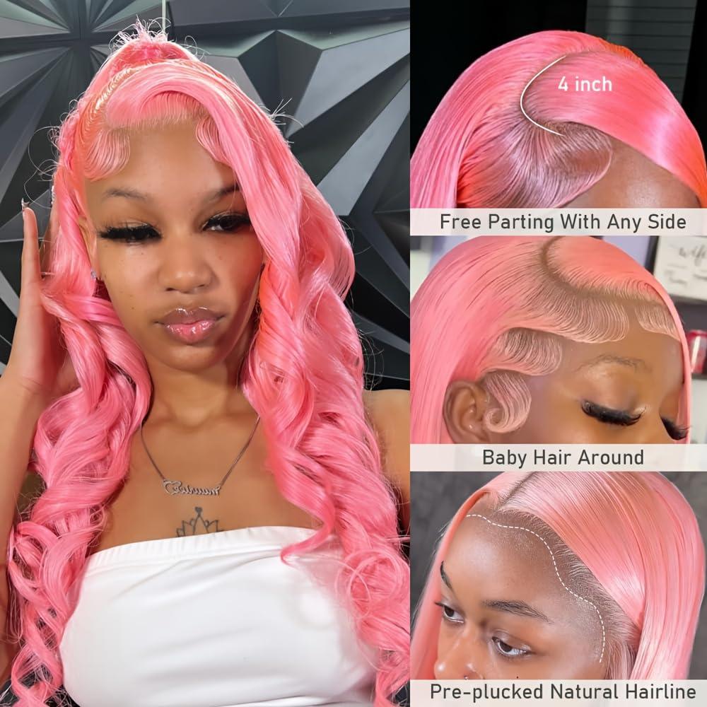 Mscathy Mscathy Pink Body Wave Lace Front Wigs Human Hair Pre Plucked 150 Density Pink Human Hair 134 Lace Front Wigs for Women(26 Inch, Pink)