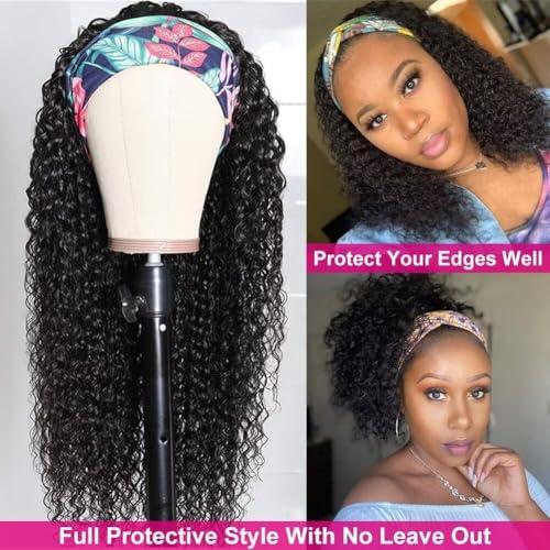 Yavida Yavida Headband Wig Human Hair Kinky Curly Wigs Human Hair None Lace Front Wig Curly Headband Wigs for Women Human Hair Band Wig Natural Black 3/4 Half Wig 30 Inch