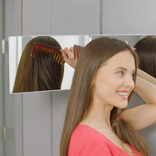HIEEY HIEEY 3 Way Mirror for Hair Cutting with LED ,360 Trifold Mirror with Height Adjustable Telescoping Hooks,and 5X Magnification Mirror,for Makeup, Hair Styling (White)