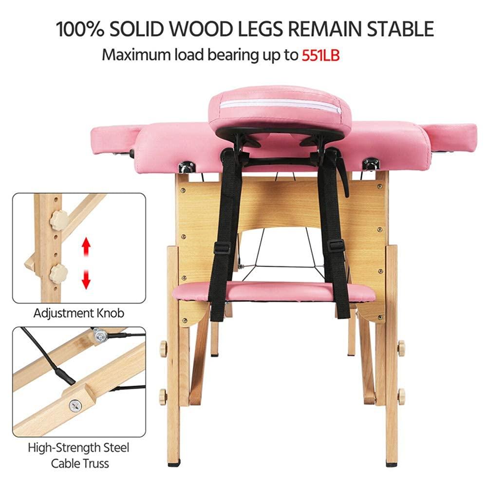 NinthAvenue Basics NinthAvenue Basics Portable Massage Table, Massage Spa Bed, Massage Therapy Table with Beech Stands, 84 inch Adjustable 2 Fold Salon Bed with PVC Leather, Face Cradle Bed, Pink (2-Fold)