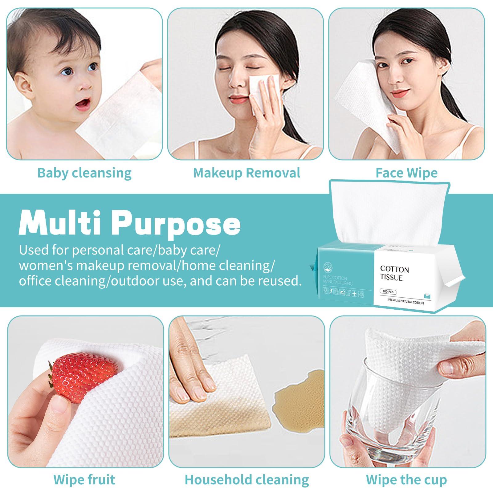 CenYouful Disposable Face Towel 100 Count, Soft Cotton Facial Dry Wipes, Multi-Purpose for Skin Care, Makeup Remover, Face Wipes and Facial Cleansing