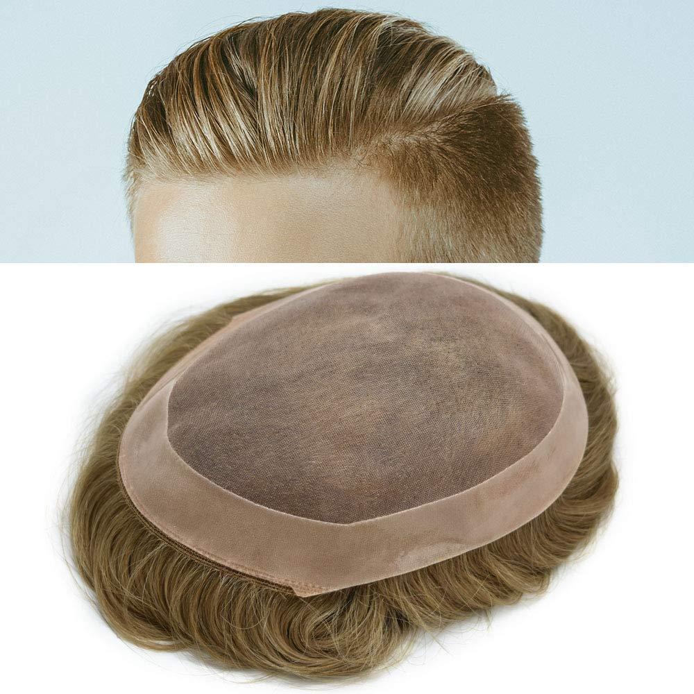 LYRICAL HAIR LYRICAL HAIR Toupee for Men Human Hairpiece Hair System Replacement Fine Mono Lace Durable PU Poly Skin Monofilament Wig Black Brown (8\"x10\", 1740# - 17# Dark Ash Blonde+40% Gray)