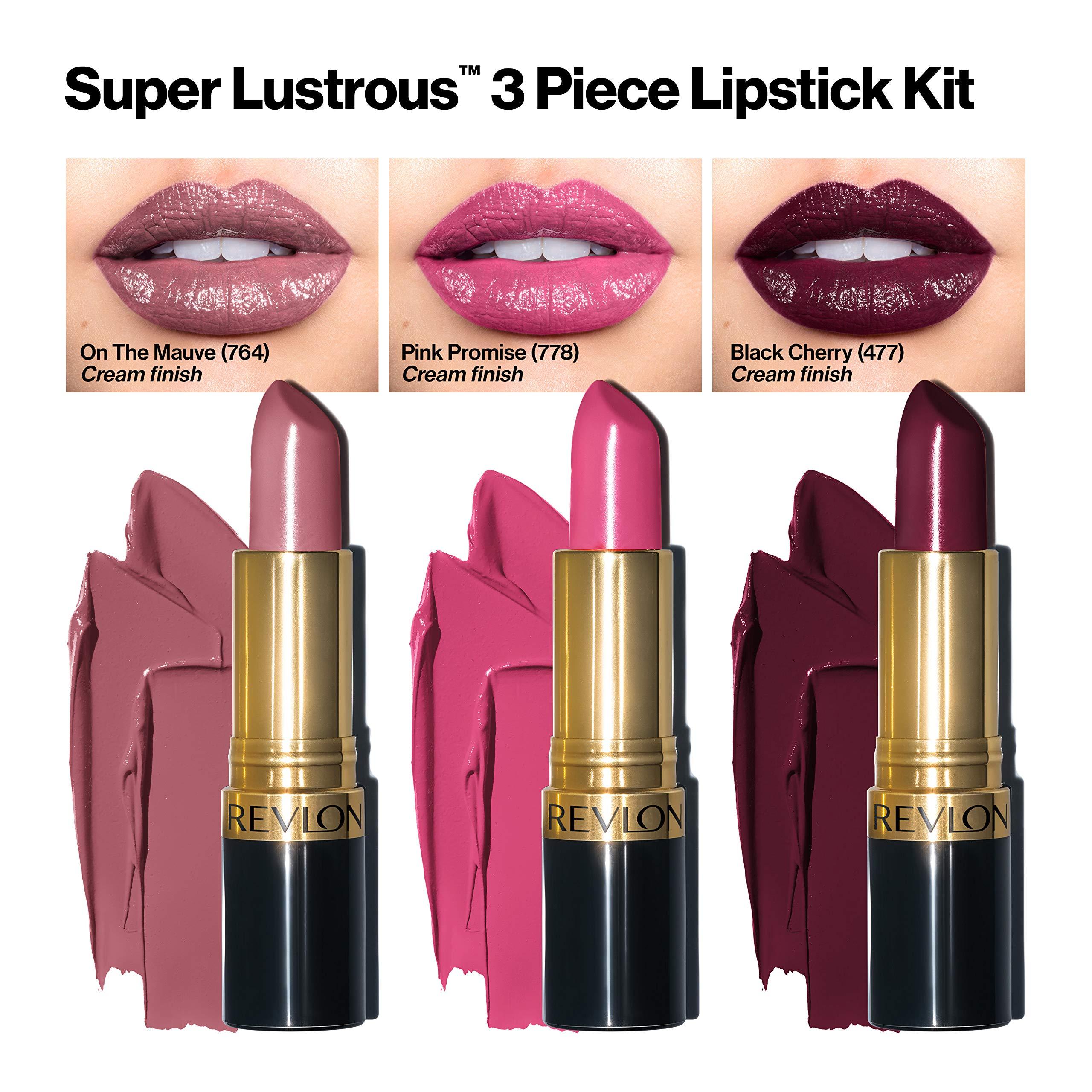 REVLON Revlon Super Lustrous 3-Piece Lipstick Gift Set, High Impact, Moisturizing, Cream Finish, 764 On The Mauve, 778 Pink Promise, 477 Black Cherry, 0.45 Oz