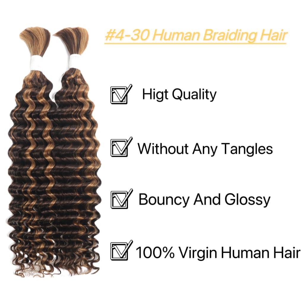 NIFTICSTAR Deep Wave Bulk P4/30 Human Braiding Hair 100 percent Human Hair Unprocessed Brazilian Virgin Hair for Human Hair Extensions 2 Braids Per of 1 pack 100g 28 Inch Human Hair for Micro braiding No Weft