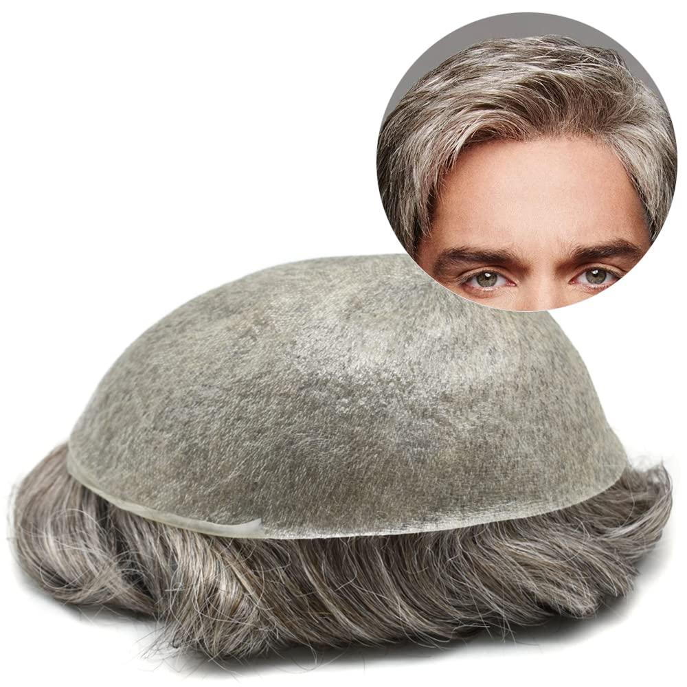 Hair Wonders Hair Wonders Toupee For Men V-loop Real Human Hair Piece For Men 0.06mm Ultra Thin Skin Toupee Grey Hair System For Men Hairpiece Mens Toupee 8x10 110% Density #580#5 Medium Light Brown+80% Grey