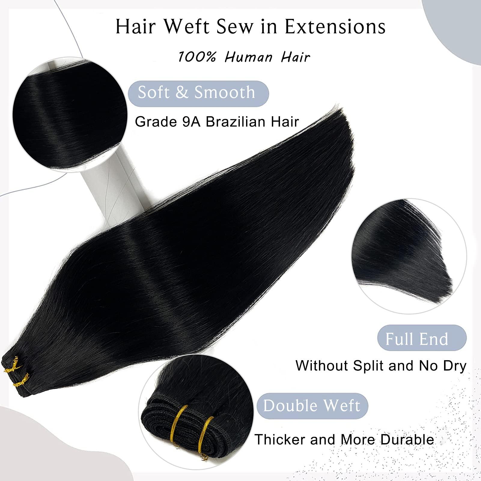 Ubetta Sew in Hair Extensions Real Human Hair, 20 Inch 100G Hand Tied Weft Hair Extensions Human Hair Jet Black Hair Extensions Real Human Hair Weave Bundles Sew in Weft Extensions for Women
