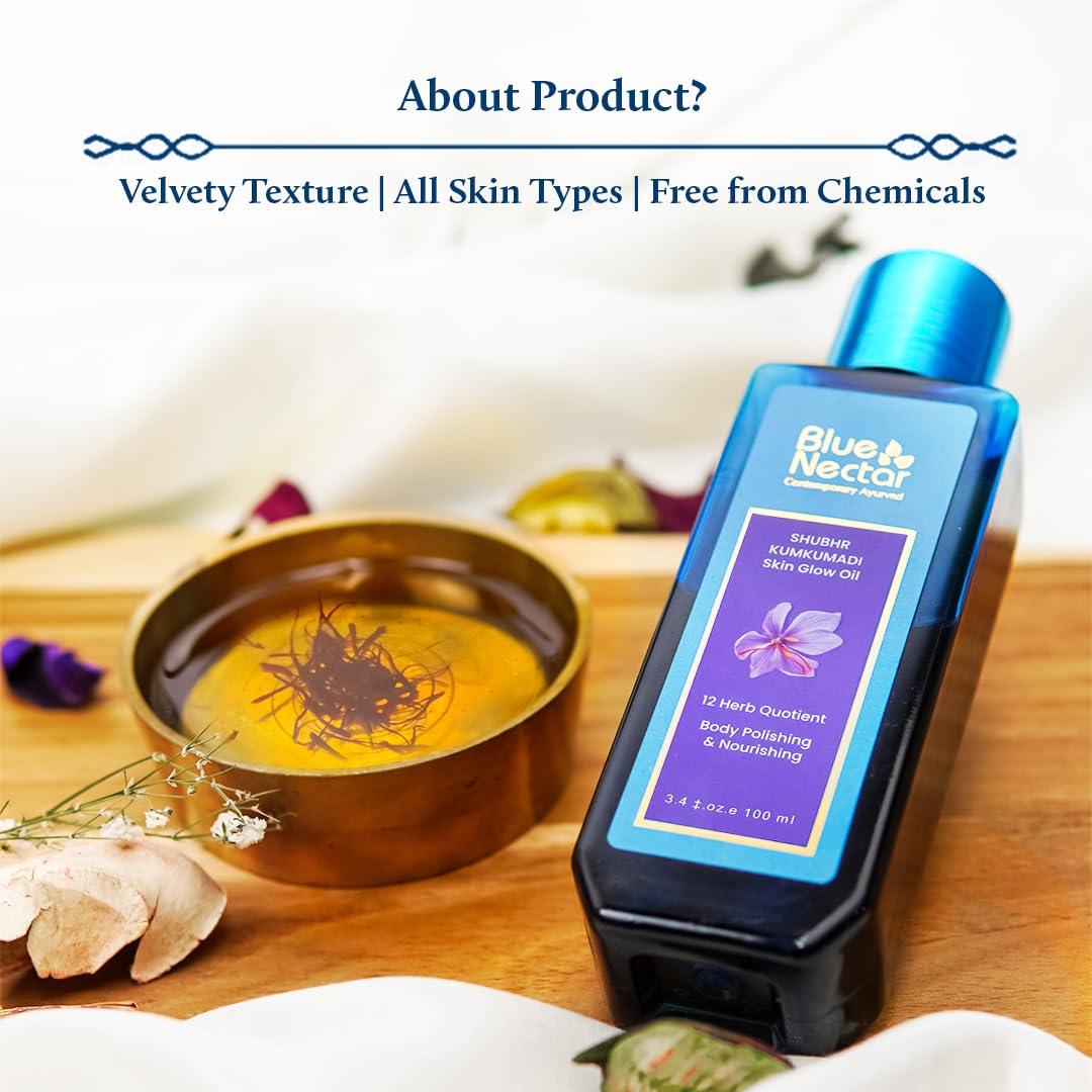 Blue Nectar Blue Nectar Kumkumadi Body Oil for Glowing Skin | Moisturizing Body Oil for Dry Skin with Relaxing Aroma | Plant Based Body Oil for Women & Men (12 Herbs, 3.4 fl oz)