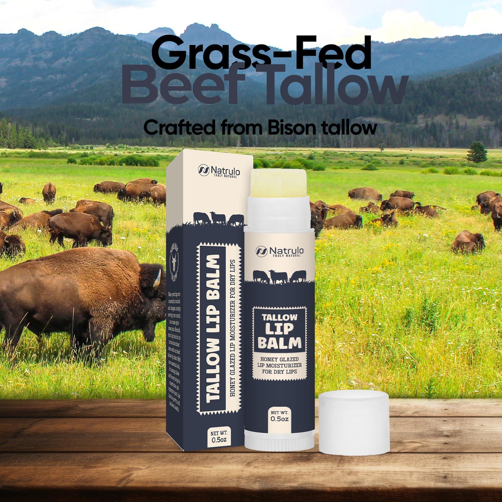 Natrulo Beef Tallow Lip Balm Natural Tallow Beeswax Chapstick Hydrating Moisturizer Grass Fed Bison Tallow Balm Lip Care Soothes Chapped, Dry Lips, Sensitive Skin Long Lasting & Vitamin Rich USA-Made