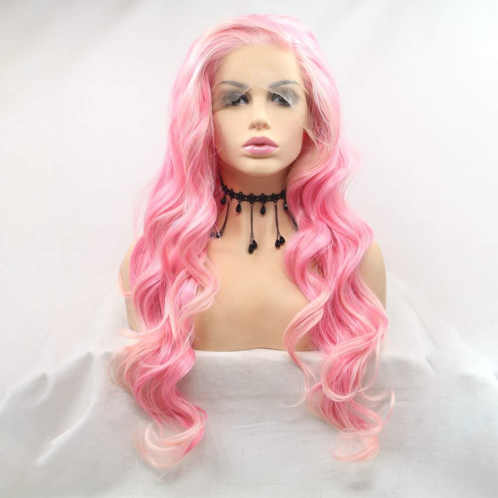 Karissa Hair Pink Blonde Lace Front Pink Wigs for Women Girls Soft Pink Long Loose Wave Handmade Realistis Wig Half Hand Tied Glueless Synthetic Heat Resistant Hair Light Pink Cosplay Party Daily 24inches