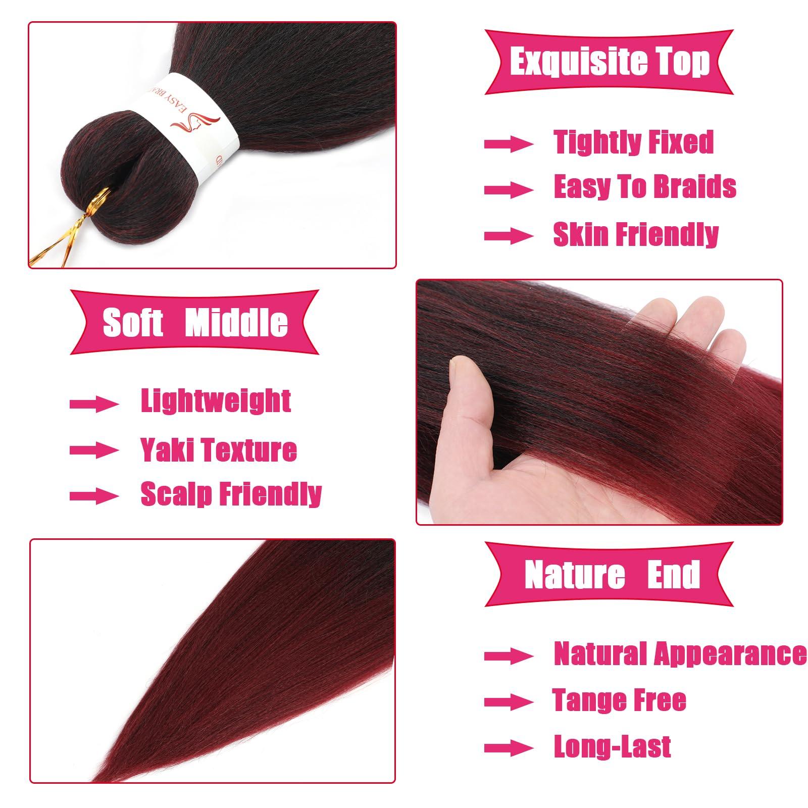 Zoewan Ombre Burgundy Braiding Hair Pre stretched 8 Packs 18 Inch Kanekalon Yaki Texture Pre stretched Hair For Braiding Professional Synthetic Hair Extension Itch Free Hot Water Setting(18\", T1B/900#)