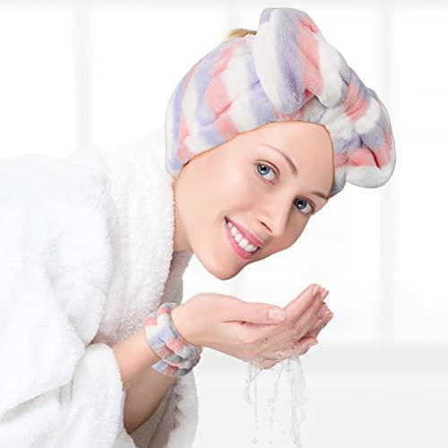LADES LADES Spa Headband - Fluffy Face Wash Headband and Towel Wristbands for Washing Face Soft Bow Skincare Headbands Wrist Bands for Women Girls Makeup,Face Washing