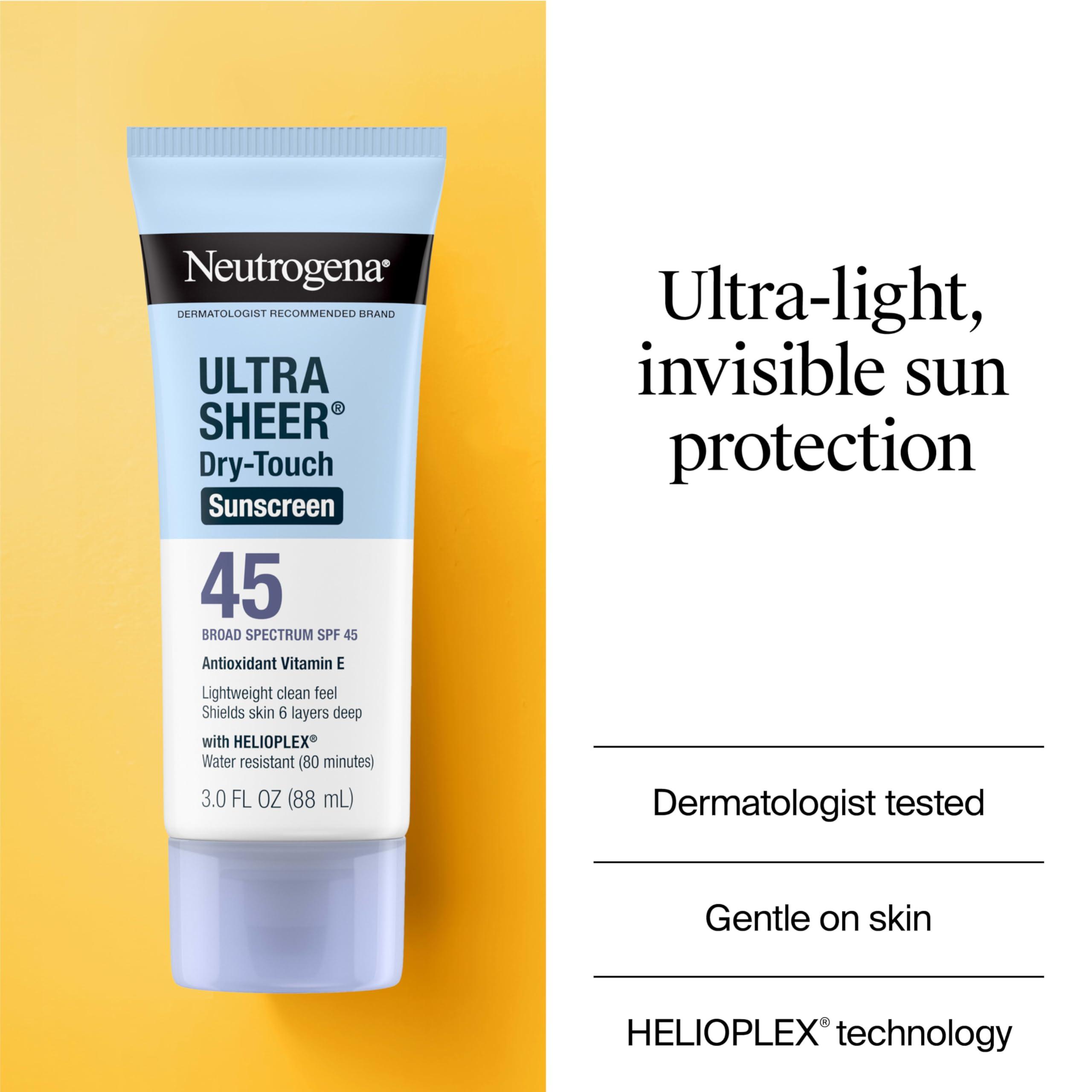 Neutrogena Neutrogena Ultra Sheer Dry-Touch Water Resistant and Non-Greasy Sunscreen Lotion with Broad Spectrum SPF 45, TSA-Compliant travel Size, 3 Fl Oz, Pack of 2, 6 Fl Oz
