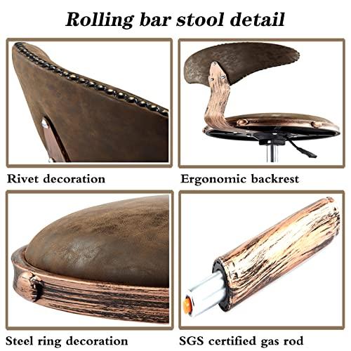 ZJXDPBF Rolling Bar Stools Massage Beauty Spa Adjustable Chair with Swivel Wheels, Rebar 5 Claws and PU Seat Copper Nail Decorationr:Brown-01