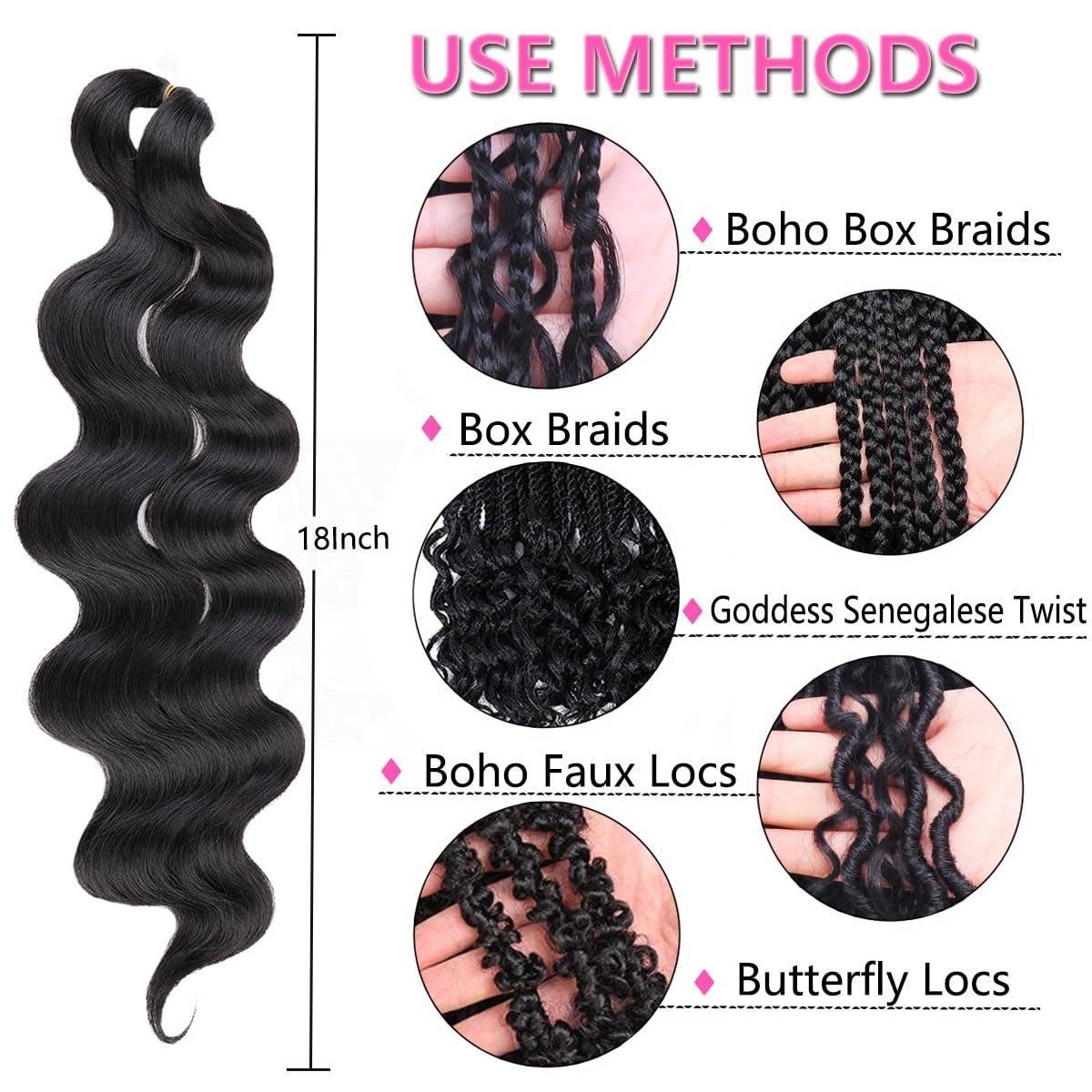 COOKOO COOKOO 3 Packs Natural Black Body Wave Braiding Hair 18 inch Pre-Feathered Braiding Hair for Boho Box Braids Bouncy Wavy Crochet Braids French Curl Crochet Braids Synthetic Hair Extensions(1B#)