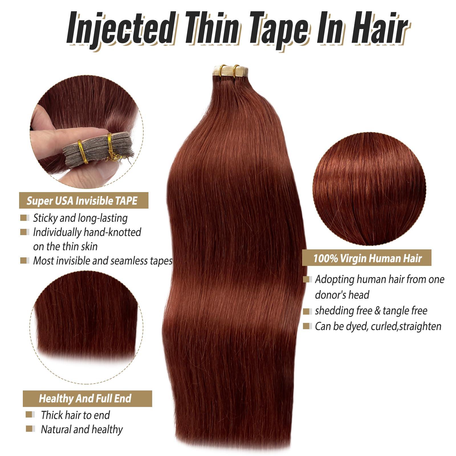 Munx Munx Real Hair Extension Dark Auburn Tape in Human Hair Extension 18inch 20pcs 40g Tape in Remy Silky Straight Natural Hair Extensions