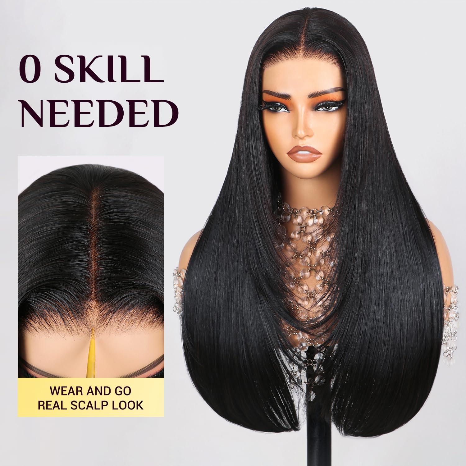 TESLAL TESLAL Blend Wigs Human Hair Glueless Wear and Go Glueless Wigs Human Hair Pre Plucked Pre Cut Layered Wig Straight 6X6 Synthetic and Human Hair Blend Wig 22Inch Black Color 260% Density